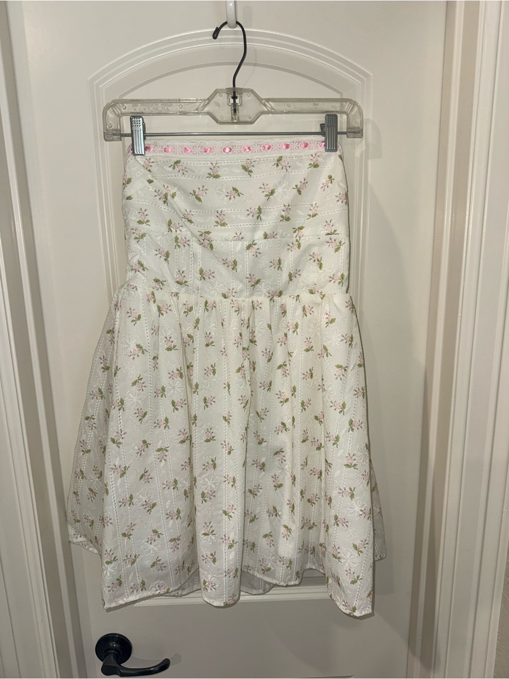 Altar'd State White Strapless Floral Dress with Pink Accents
